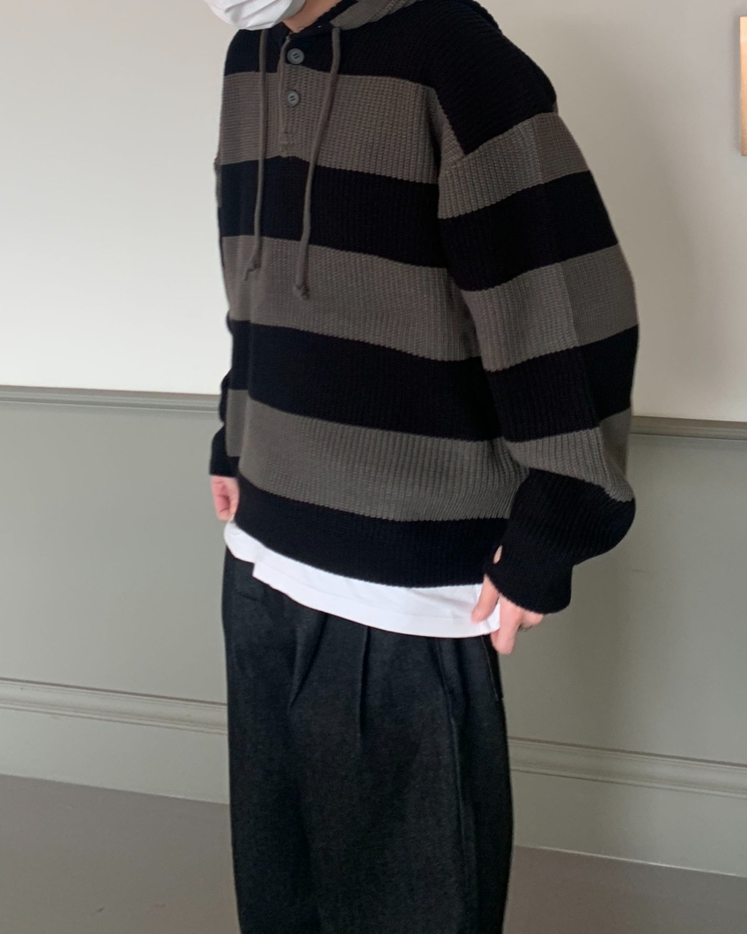 (UNISEX) Stripe hood warmer knit