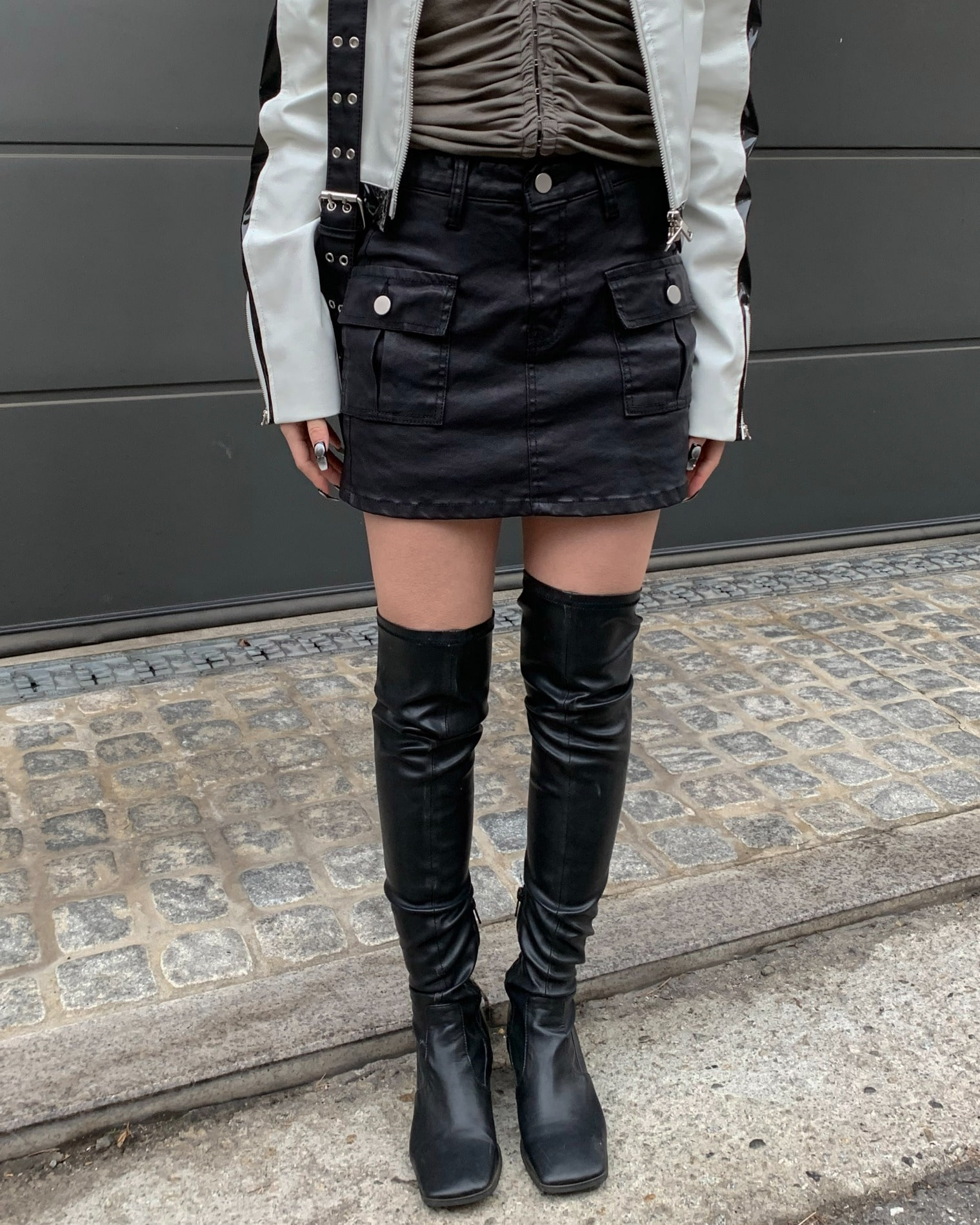 Black leather cargo skirt